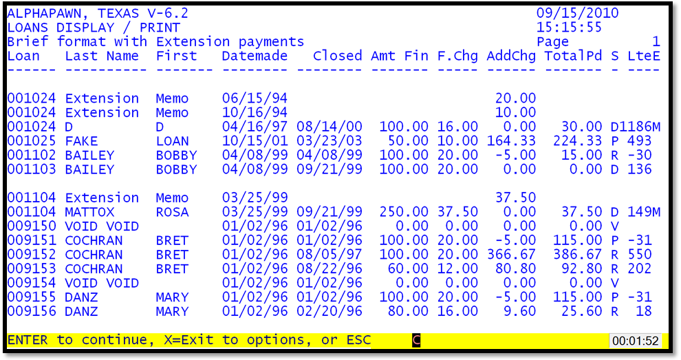 Loan Display/Print by Number with Extension Format