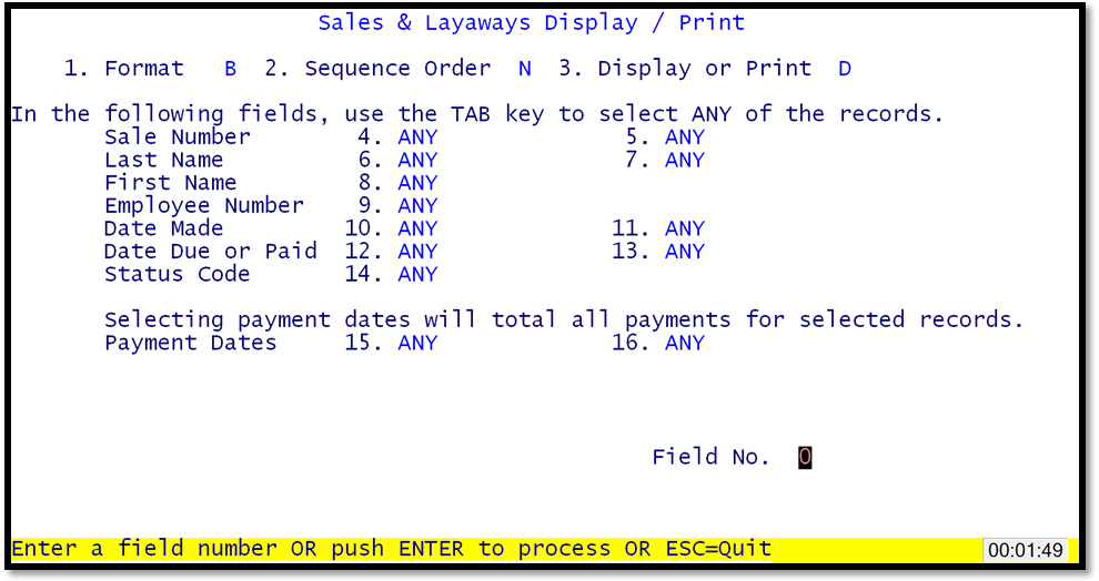 Sales & Layaway Display/Print
