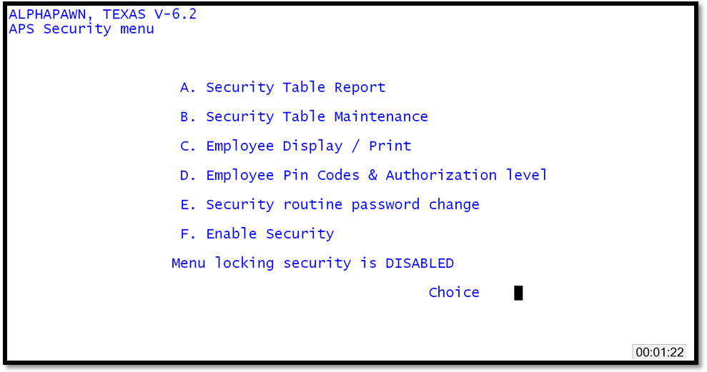 APS Security Menu APS Security Menu