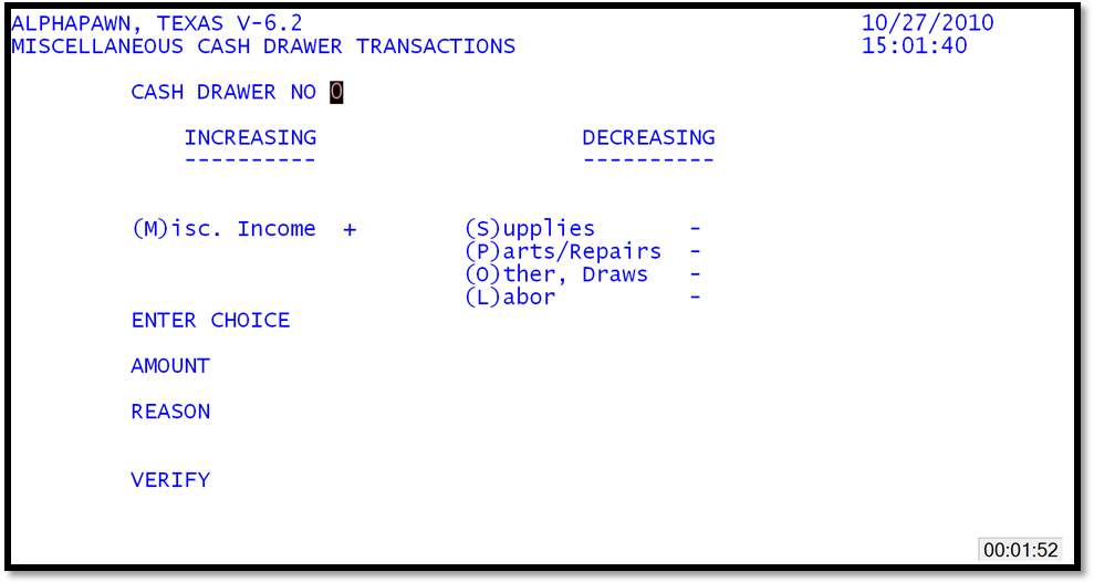 Miscellaneous Cash Drawer Transaction