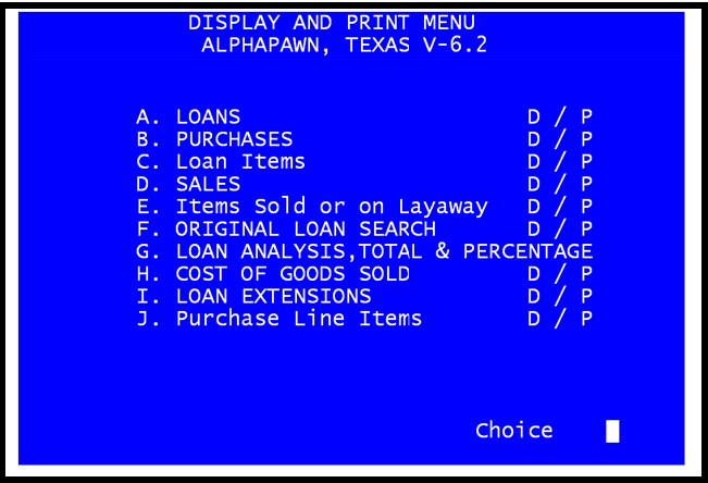 Display and Print Menu