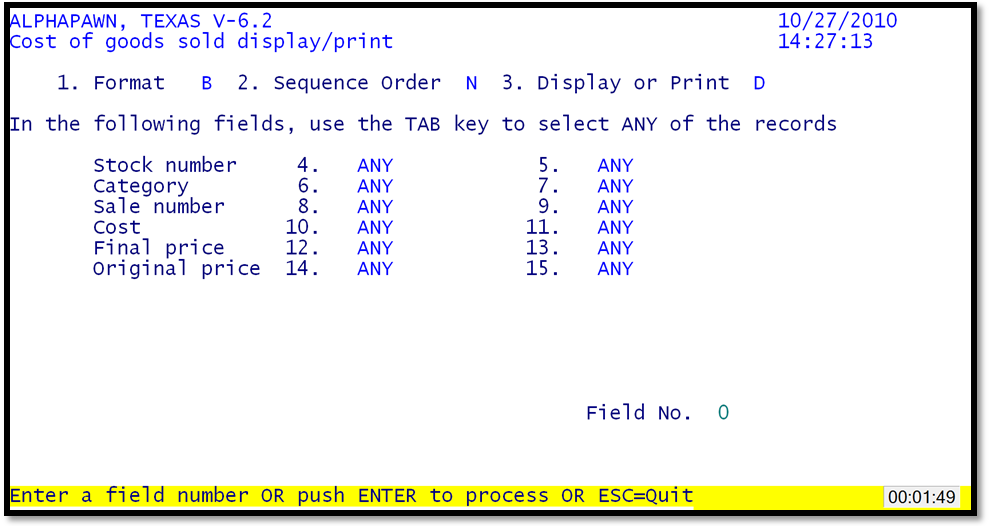 Cost of Goods Display/ Print